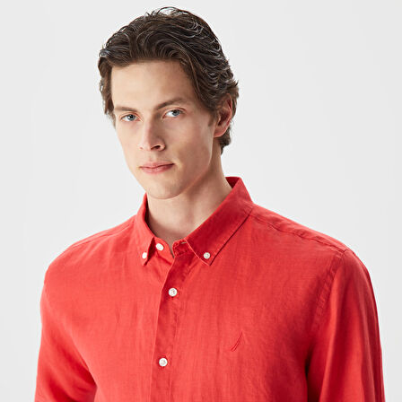 Nautica Erkek Kırmızı Classic Fit Uzun Kollu Keten Gömlek