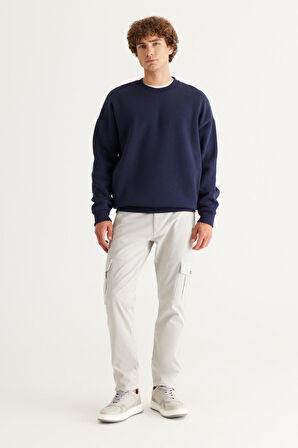 Erkek Lacivert Oversize Fit Bol Kesim Pamuklu Içi Polarlı 3 Iplik Bisiklet Yaka Sweatshirt