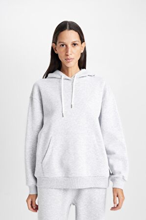 DeFacto Relax Fit Kapüşonlu Kanguru Cepli Kalın Basic Düz Sweatshirt W1240AZ24WNGR93