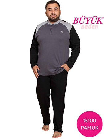 Erkek Büyük Battal Beden Desenli 3 Düğmeli %100 Pamuk Mevsimlik Uzun Kol Cepli Pijama Takımı