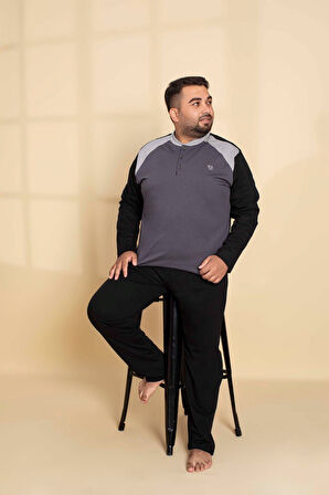 Erkek Büyük Battal Beden Desenli 3 Düğmeli %100 Pamuk Mevsimlik Uzun Kol Cepli Pijama Takımı