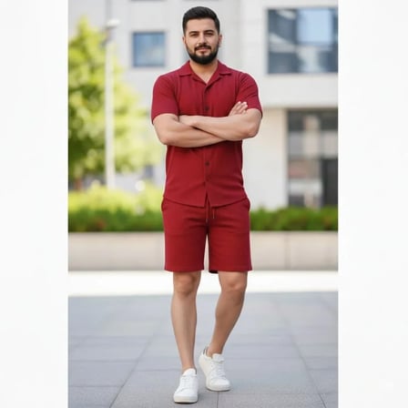 ModiG Erkek Waffle Kumaş Kısa Kollu Gömlek Şort Takım Regular Fit Yazlık İkili Set  Bordo