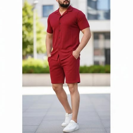 ModiG Erkek Waffle Kumaş Kısa Kollu Gömlek Şort Takım Regular Fit Yazlık İkili Set  Bordo