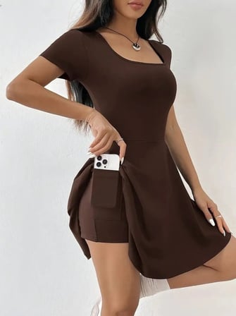 ModiG Kadın Kısa Kollu Kare Yaka Short Detaylı Cepli Dalgıç Elbise