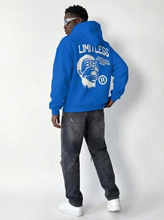 ModiG Erkek Premium Baskılı Kapşonlu Sweatshirt Üç İplik İçi Pamuklu Kanguru Cepli  Saks Mavisi