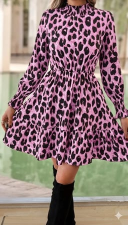 ModiG Kadın Uzun Kollu Yarı Balıkçı Yaka Leopar Desenli Modal Mini Elbise