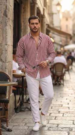Erkek Salaş Stil Dikey Çizgili Yarım Oversize Gömlek