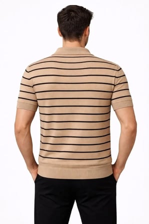 Erkek Günlük Stil Kahverengi Triko Polo Yaka Fermuarlı Çizgili Yazlık Şık Tişört