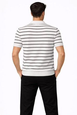 Erkek Günlük Stil Beyaz Triko Polo Yaka Fermuarlı Çizgili Yazlık Şık Tişört