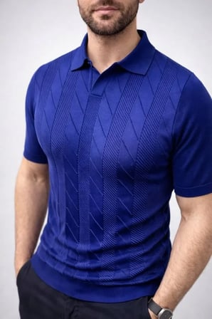 Erkek Günlük Stil Lacivert Yazlık Triko Dokuma Kısa Kol Polo Yaka Tişört