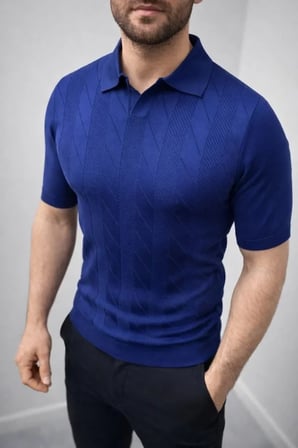 Erkek Günlük Stil Lacivert Yazlık Triko Dokuma Kısa Kol Polo Yaka Tişört