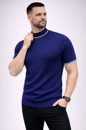 Erkek Günlük Stil Lacivert Fitilli Triko Dokuma Kısa Kol Yarım Boğaz Modern Yazlık Tişört