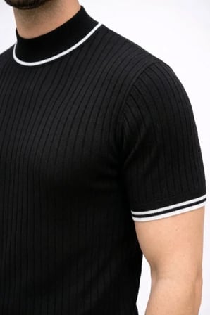 Erkek Günlük Stil Siyah Fitilli Triko Dokuma Kısa Kol Yarım Boğaz Modern Yazlık Tişört