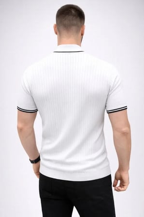 Erkek Günlük Stil Beyaz Fitilli Triko Dokuma Kısa Kol Yarım Boğaz Modern Yazlık Tişört