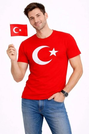 Baskılı Erkek Günlük Stil Kırmızı Kısa Kol Bisiklet Yaka Ay Yıldız Bayrak Tişört