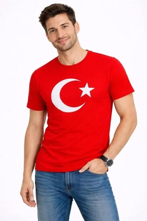 Baskılı Erkek Günlük Stil Kırmızı Kısa Kol Bisiklet Yaka Ay Yıldız Bayrak Tişört