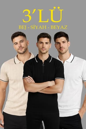 Erkek Günlük Stil Fermuar Yakalı Kısa Kol Tişört 3’lü Set Bej-Beyaz-Siyah Triko Tişört