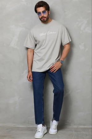 Baskılı Erkek Gri Kısa Kol Bisiklet Yaka Regular Fit Rahat Kalıp Günlük Tişört