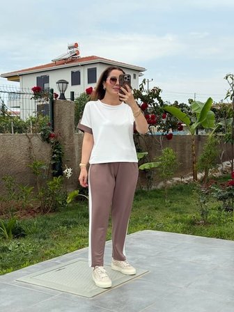 Modal Kadın Kombin Şıklığı Dokulu Kumaş Yanı şeritli Takım