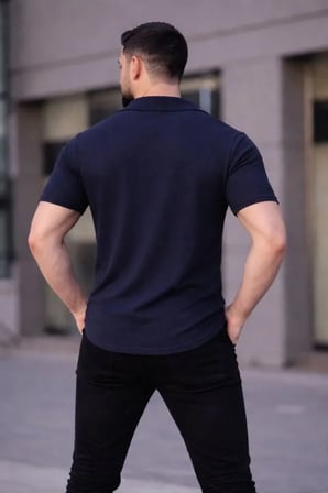 Waffle Kumaş Erkek Günlük Şıklık Lacivert Kısa Kollu Düğmeli Açık Yaka Regular Fit Gömlek