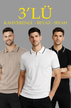 Erkek Günlük Stil Kahverengi, Beyaz, Siyah 3’lü Paket Dokuma Triko Fermuarlı Yakalı Fitilli Kısa Kollu Regular Fit Tişört
