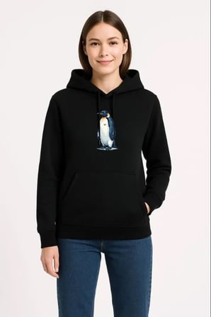 Sırt Baskılı Kadın Salaş Stil Siyah Oversize Hoodie - Survivor Penguin Temalı, Felsefi Yazılı Kapüşonlu Sweatshirt