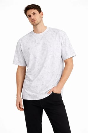 Erkek Günlük Stil Beyaz Asit Yıkama Bisiklet Yaka Kısa Kollu Tişört Oversize Tişört