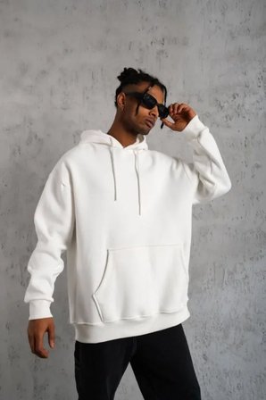 Kadın Sokak Stili Beyaz 3 İplik Hoodie Kapüşonlu Sweatshirt