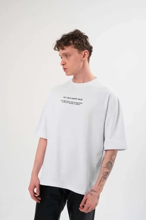 Baskılı Unisex Günlük Stil Beyaz Bisiklet Yaka Oversize Tişört