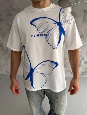Baskılı Unisex Günlük Stil Beyaz Bisiklet Yaka Oversize Tişört