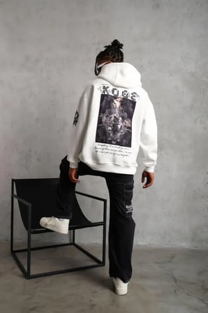 Baskılı Erkek Sokak Stili Beyaz Kapüşonlu Sweat