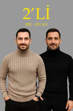 Erkek Günlük Şıklık Fitilli 2'li Set Bej Siyah Regular Balıkcı Yaka Tam Boğazlı Triko Seti Modeli Kazak Triko Kazak