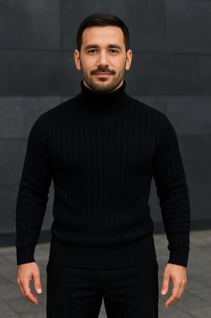 Fitilli Dokuma Erkek Günlük Şıklık Siyah Balıkcı Yaka Bağazlı Pamuklu Kalın , Regular Fit Uzun Kollu Kışlık Model Triko Kazak