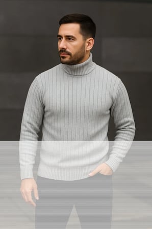 Fitilli Dokuma Erkek Günlük Şıklık Gri Balıkcı Yaka Bağazlı Pamuklu Kalın , Regular Fit Uzun Kollu Kışlık Model Triko Kazak