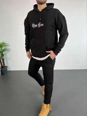 Üç İplik Şardonlu Erkek Siyah – Oversize Hoodie, “Other Lives” Ön - Arka Baskılı, Kanguru Cepli, Kışlık Rahat Günlük Stil Kapüşonlu Sweatshirt
