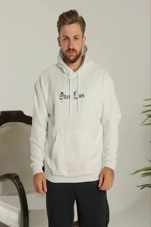 Üç İplik Şardonlu Kadın Salaş Stil Oversize – Beyaz “Other Lives” Ön Ve Arka Baskılı, Kanguru Cepli, Ribanalı Rahat Kışlık Model Beyaz Kapüşonlu Sweatshirt
