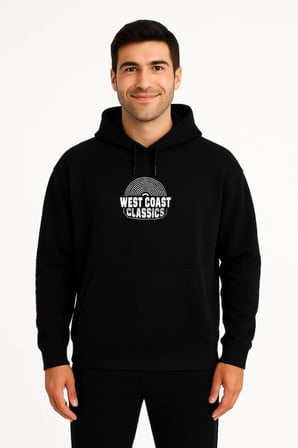 Arka Baskılı Erkek Sokak Stili Siyah Üç İplik Kapüşonlu Ön Ve Hoodie Sweatshirt