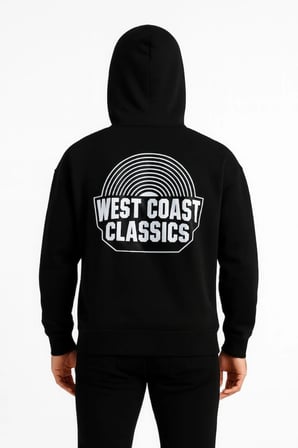 Arka Baskılı Erkek Sokak Stili Siyah Üç İplik Kapüşonlu Ön Ve Hoodie Sweatshirt