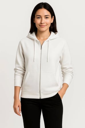 Kadın Sokak Stili Beyaz Üç İplik Kapüşonlu Tam Fermuarlı Kanguru Çepli Hoodie Sweatshirt