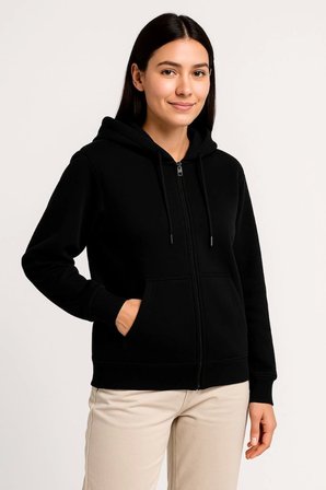 Kadın Sokak Stili Siyah Üç İplik Kapüşonlu Tam Fermuarlı Kanguru Çepli Hoodie Sweatshirt
