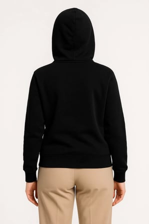 Kadın Sokak Stili Siyah Üç İplik Kapüşonlu Tam Fermuarlı Kanguru Çepli Hoodie Sweatshirt