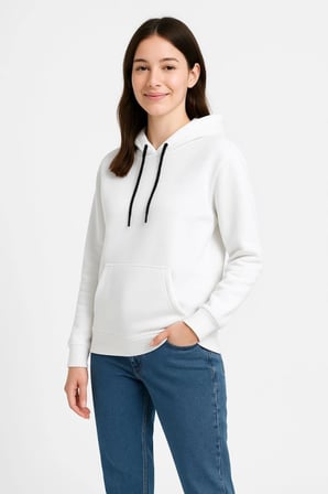 Kadın Sokak Stili Beyaz Üç İplik Kapüşonlu Kanguru Çepli Hoodie Sweatshirt
