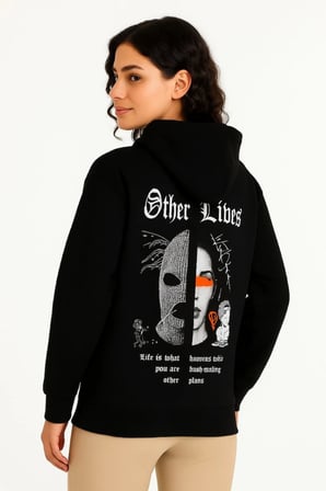 Arka Baskılı Kadın Sokak Stili Üç İplik Kapüşonlu ön Ve Hoodie- Siyah Sweatshirt