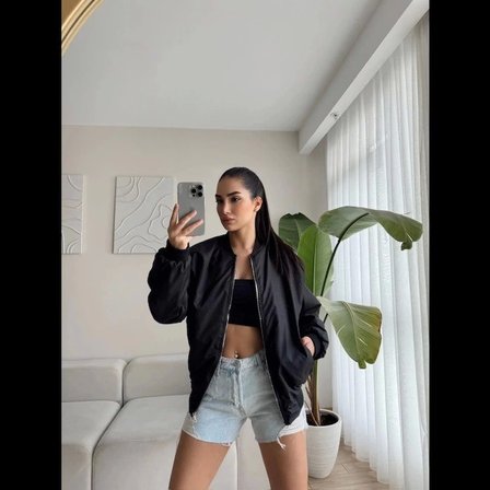 Unisex Şehir Stili Siyah İçi Astarlı Düz Bomber Ceket