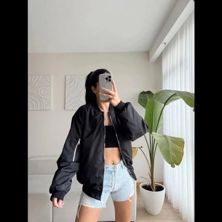 Unisex Şehir Stili Siyah İçi Astarlı Düz Bomber Ceket