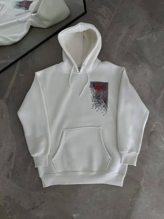 Arka Baskılı Kadın Sokak Stili Beyaz Uzun Kol Kapüşonlu Ön Ve Sweatshirt