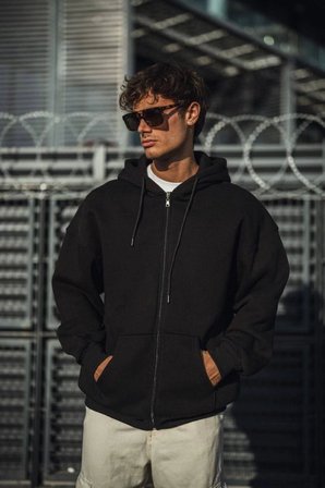 Kadın Salaş Stil Siyah Oversize Tam Fermuarlı Uzun Kol Hırka