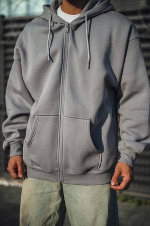 Kadın Salaş Stil Gri Oversize Tam Fermuarlı Uzun Kol Hırka