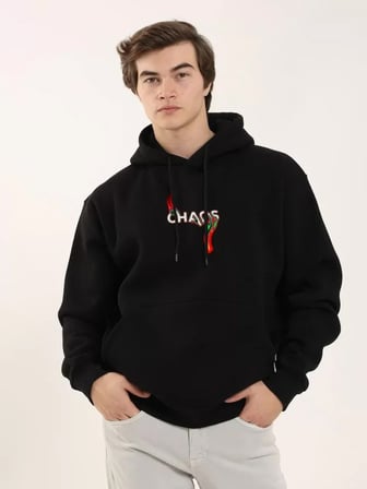 Baskılı Kadın Günlük Stil Siyah Üç İplik Kalın Dokulu Kapüşonlu Sweatshirt