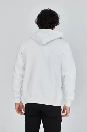 Unisex Beyaz Tam Fermuarlı Klasik Kesim Kapüşonlu Sweatshirt